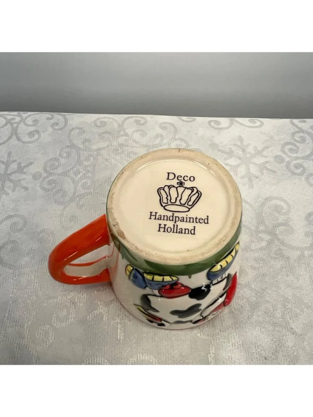 Hand painted Ceramic Cow Mug Holland Peek a Boo Mug Windmill Design Orange Rim &